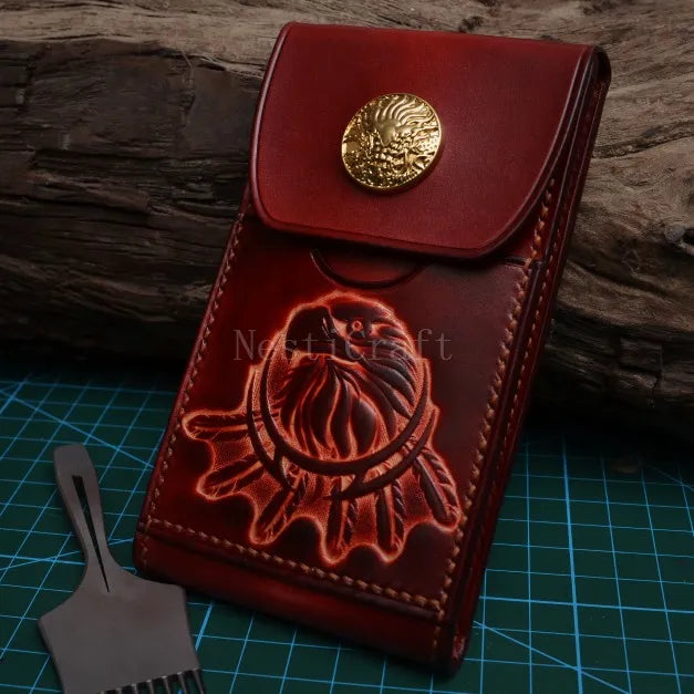 Handmade Top-Grain Leather Phone Pouch / Case with Embossed Artwork by Nesti Craft