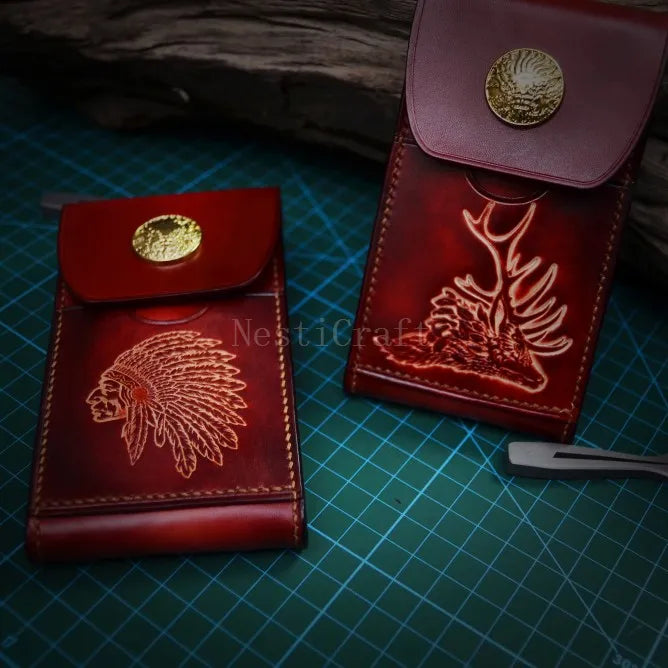 Handmade Top-Grain Leather Phone Pouch / Case with Embossed Artwork by Nesti Craft