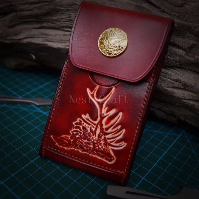 Handmade Top-Grain Leather Phone Pouch / Case with Embossed Artwork by Nesti Craft