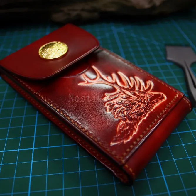Handmade Top-Grain Leather Phone Pouch / Case with Embossed Artwork by Nesti Craft