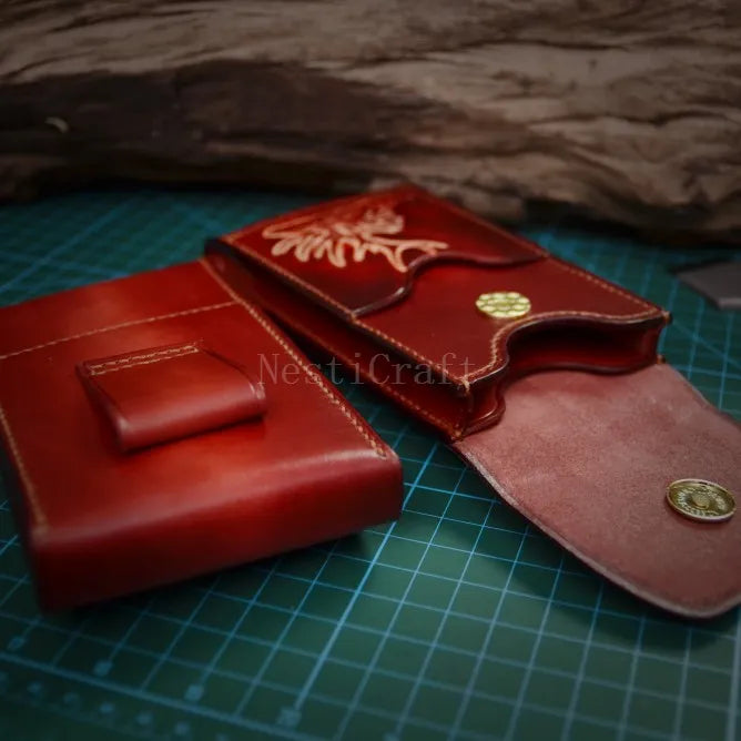 Handmade Top-Grain Leather Phone Pouch / Case with Embossed Artwork by Nesti Craft