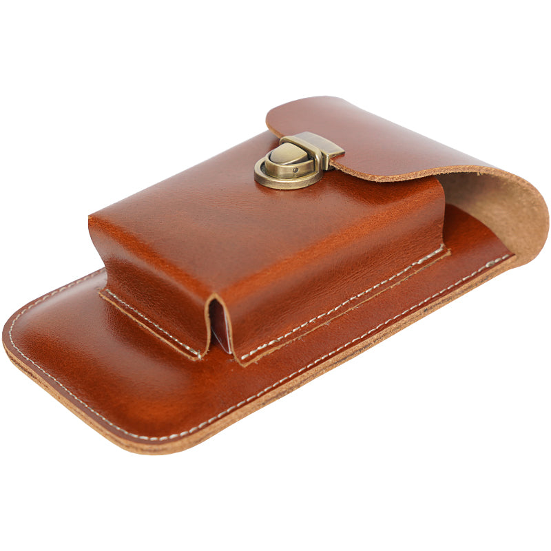 Top-Grain Leather Dual-Layer Phone Waist Bag with Cigarette Holder