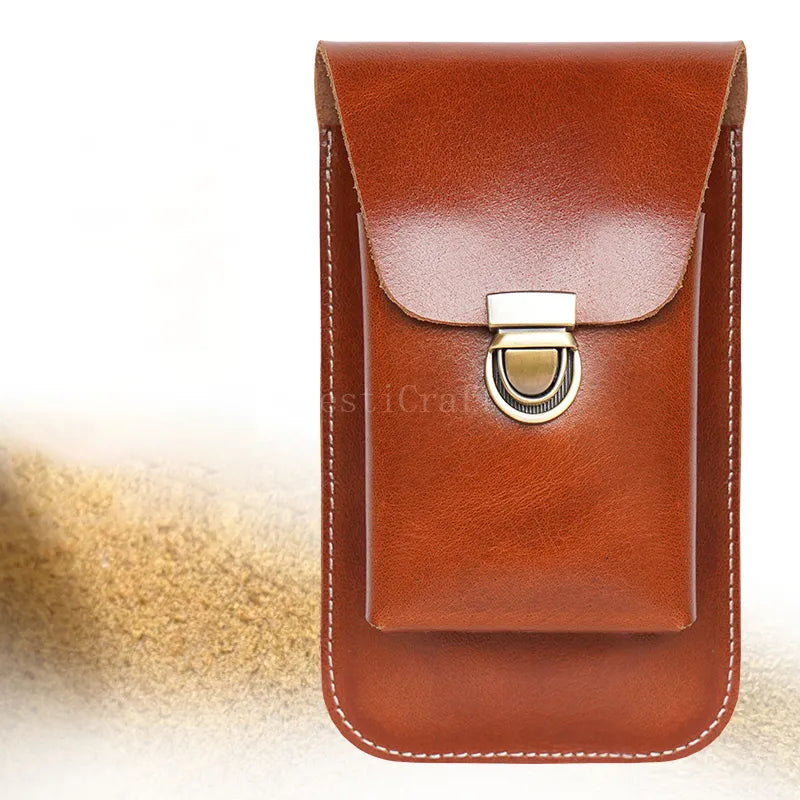 Top-Grain Leather Dual-Layer Phone Waist Bag with Cigarette Holder
