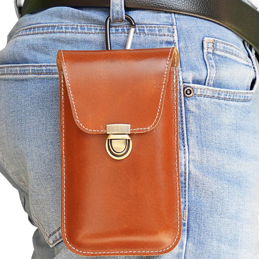 Top-Grain Leather Phone Holster with Belt Loop & Hook Clip for Dual Carry
